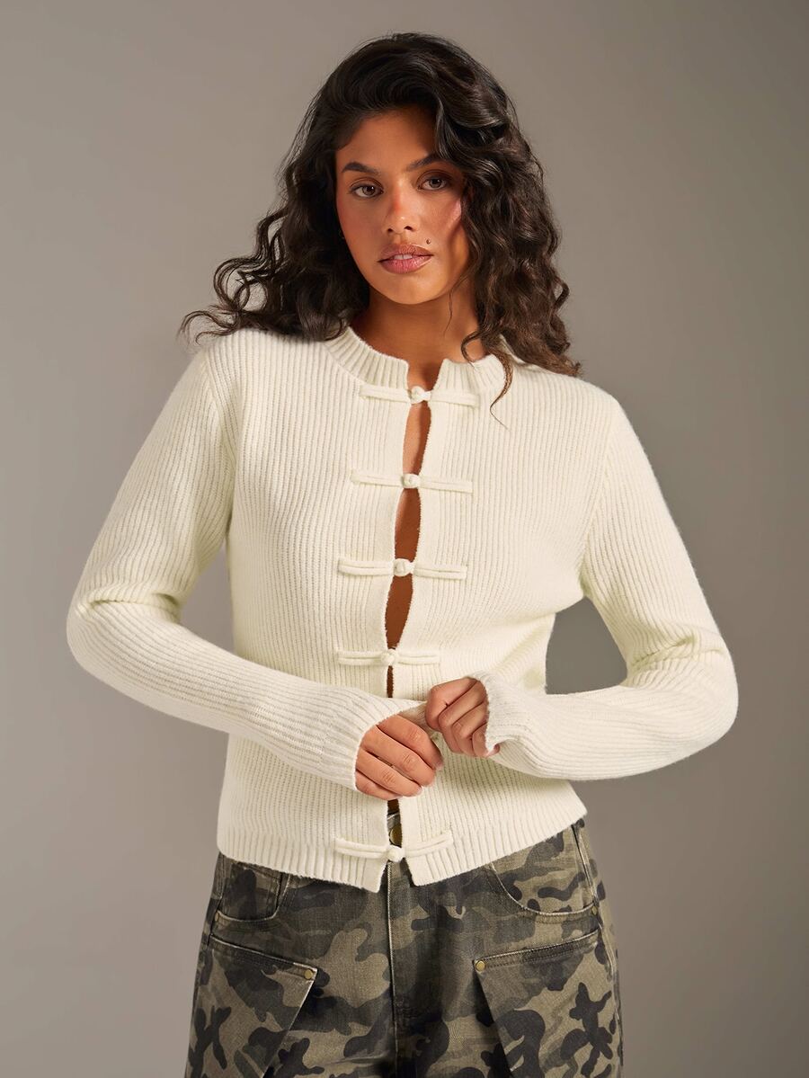 Athîral Women's Versatile Ribbed Frog Button Long Sleeve Elegant Sweater - Cream - View 1