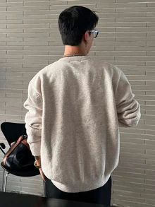 DAZY Men's Beige Contrast Collar Crew Neck Button Half-Placket Sweater, Autumn/Winter - Beige - View 2