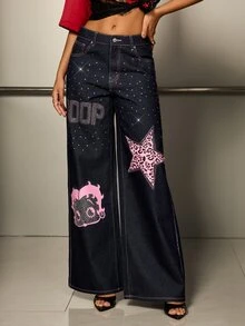 Betty Boop x SHEIN Women's Casual Daily Denim Jeans With Pocket, Button And Letter Cartoon Pattern - Navy Blue - View 4