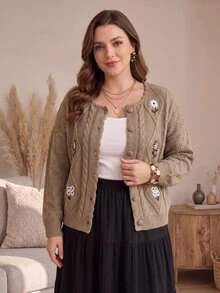 EMERY ROSE كارديجان محبوك بأزرار مطرزة بطراز عتيق مقاس كبير - كاكي - مشاهدة 3
