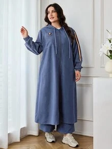 Veilorie Plus Size Zip-Up Long Sleeve Hooded Jacket And Pants 2 Pieces Set - Dusty Blue - View 4