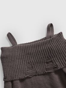 ROMWE Goth Spring Casual Black Fashionable Punk Dark Style Distressed Design Waist Wrap Exposed Shoulder Sweater - Rust Brown - View 3