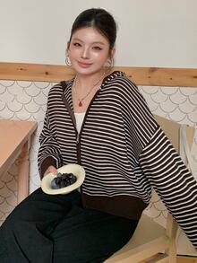 Dazy Plus Plus Size Striped Color Block Zipper Knit Cardigan - Brown - View 8