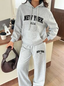 SHEIN EZwear 字母圖案落肩抽繩連帽衛衣與寬腿運動褲套裝 - 淺灰色 - 查看 6