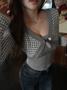 DAZY Women's Autumn Grey & White Houndstooth 2 In 1 Patchwork Bow Decor Fitted Long Sleeve Casual Date Sweet Daily Knit T-Shirt - Grey - View 2