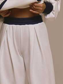 MUSERA Contrast Colour Waistband Pleated Loose Fit Jogger Trouser Winter Autumn Fall Christmas Cute Holiday Alpine Drift - Beige - View 5