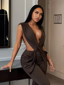 SHEIN SXY Women's New Sexy Brown Twisted Knot Cutout Design Jumpsuit - Brown - View 4