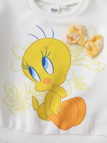LOONEY TUNES X SHEIN Baby Girl Bow Decor Long Sleeve Sweatshirt And Textured Pants Set - Yellow - View 4
