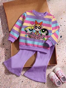 THE POWERPUFF GIRLS X SHEIN 女嬰條紋卡通印花長袖衛衣與喇叭褲休閒日常套裝 - 紫色 - 查看 2
