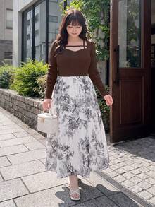 Bijouette 大尺碼拼色墨染花卉雪紡洋裝，法式優雅浪漫星空拼接設計，適合各種身形，正式棕色秋季款 - 棕色 - 查看 6