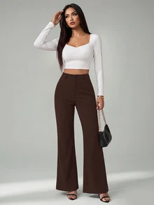SHEIN Tall 女款純色前扣休閒修身喇叭黑色長褲 - 咖啡棕 - 查看 4