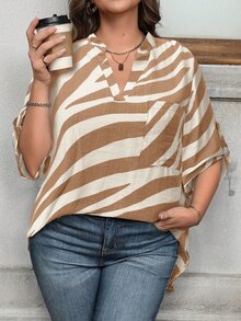 SHEIN LUNE 大尺碼通勤V領斑馬紋女版襯衫 教師穿搭（適合秋季/秋季風格）長袖商務休閒女裝工作上衣 商務風襯衫 - 彩色 - 查看 3