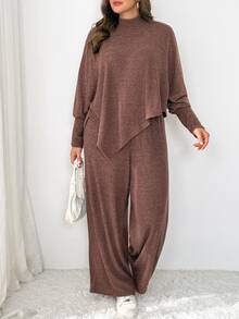 Shapeblank Women's Plus-Size Fall/Winter Two Pieces Set: Stylish, Loose, Stretchy, And Comfortable Long-Sleeve Mock-Neck Cape Top With Wide-Leg Trousers (Brown) - Brown - View 8