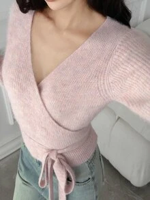 DAZY Women's Cross V-Neck Soft Knit Cardigan Sweater, Pink Casual Sweater - Pink - View 4