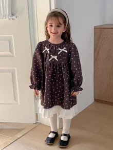 Hapijoa Young Girl) Autumn/Winter Floral Design Patchwork Bowknot Long Dress - Brown - View 6