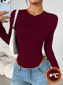 SHEIN PETITE 女款純色修身百搭日常穿著長袖連身衣，黑色，秋季極簡簡約百搭，小碼 - 酒紅色 - 查看 9
