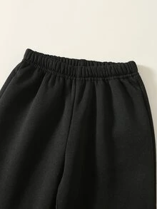 SHEIN 2件組男孩針織紋理印花圓領衛衣與長褲套裝，加厚抓絨內裡，秋冬返校休閒穿著 - 黑色 - 查看 4