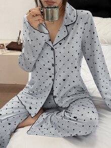 SweetSlumber Women's Heart & Polka Dot Print Lapel Collar Pajama Set - Grey - View 4