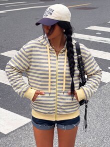 Muchica 奶油黃條紋連帽衛衣長袖寬鬆女款，秋冬風格，適合日常通勤、約會、派對、秋冬、夏季、派對、婚禮、海灘、畢業典禮等場合，優雅休閒，適合外出、Y2K風格、音樂節等場景 - 鵝黃色 - 查看 7