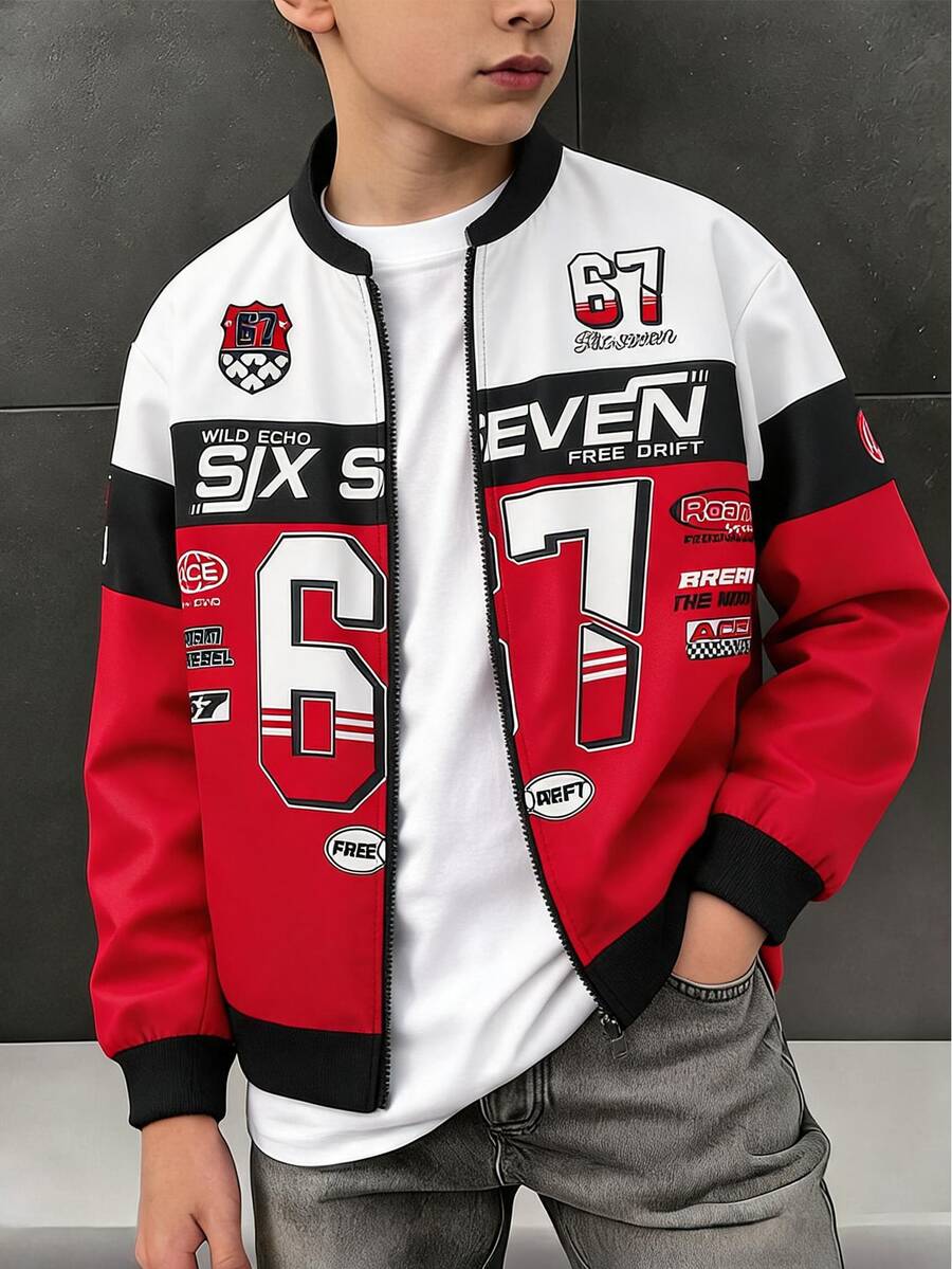 SHEIN Tween Boy Autumn/Winter Letter Print Long Sleeve Zip-Up Jacket - Red - View 1