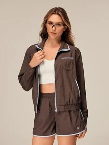 OutZeal Women Sports Jacket Gym Workout Casual Water-Resistant Multi Pockets Zip Up Jacket - Coffee Brown - View 5