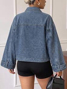 Dazy Plus Áo khoác denim dáng rộng tay cánh dơi mùa thu, cổ bẻ, đường chỉ tương phản và túi, áo khoác ngoài phong cách đường phố thường ngày đi làm - Rửa nhẹ - Xem 2
