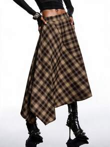 LYSMO Women's Street Style Plaid Pleated Asymmetrical Skirt - Brown - View 5