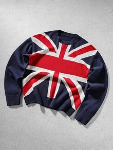 ROMWE MEN Men's Round Neck British Flag Fashion Knit Top - Blue - View 1