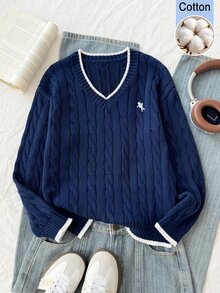 SHEIN 女童毛衣，復古街頭風麻花編織，黑色飾邊修身V領，馬刺繡，休閒，秋冬返校季，海軍藍與白色 - 藏蓝色 - 查看 3
