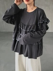 FRIFUL Middle-Aged Women Patchwork Multi-Layer Ruffle Long Sleeve T-Shirt - Grey - View 3