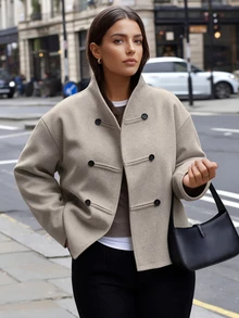 Easura Plus Size Women's Autumn/Winter Napoleon Button Decor Stand Collar Double-Breasted Casual Commute Overcoat - Apricot - View 1