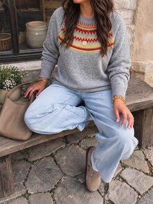 Easura Plus Size Women's Colorblock Casual Daily Long Sleeve Sweater - Grey - View 1