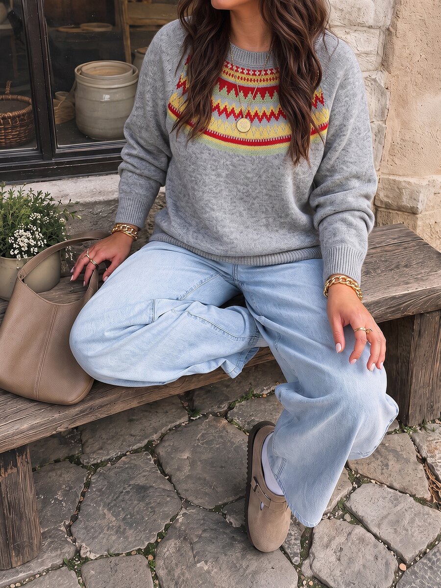 Easura Plus Size Women's Colorblock Casual Daily Long Sleeve Sweater - Grey - View 1