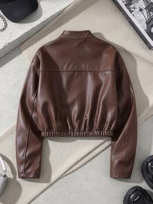 SHEIN 青少年女孩秋季黑色修身短版拉鍊外套，街頭風，秋季，假期 - 棕色 - 查看 2