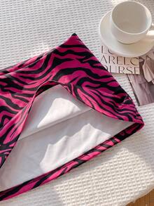 SHEIN EZwear 女款抓皺拉鍊裙，無袖斑馬紋粉色套裝，動物與黑色哥德風，適合派對、聚會、聖誕節、萬聖節、新年 - 白色 - 查看 3