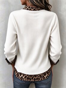 Balvessa Dam T-shirt med leopardmönstrat patchwork, ribbad, lång ärm - Multifärgad - Visa 2