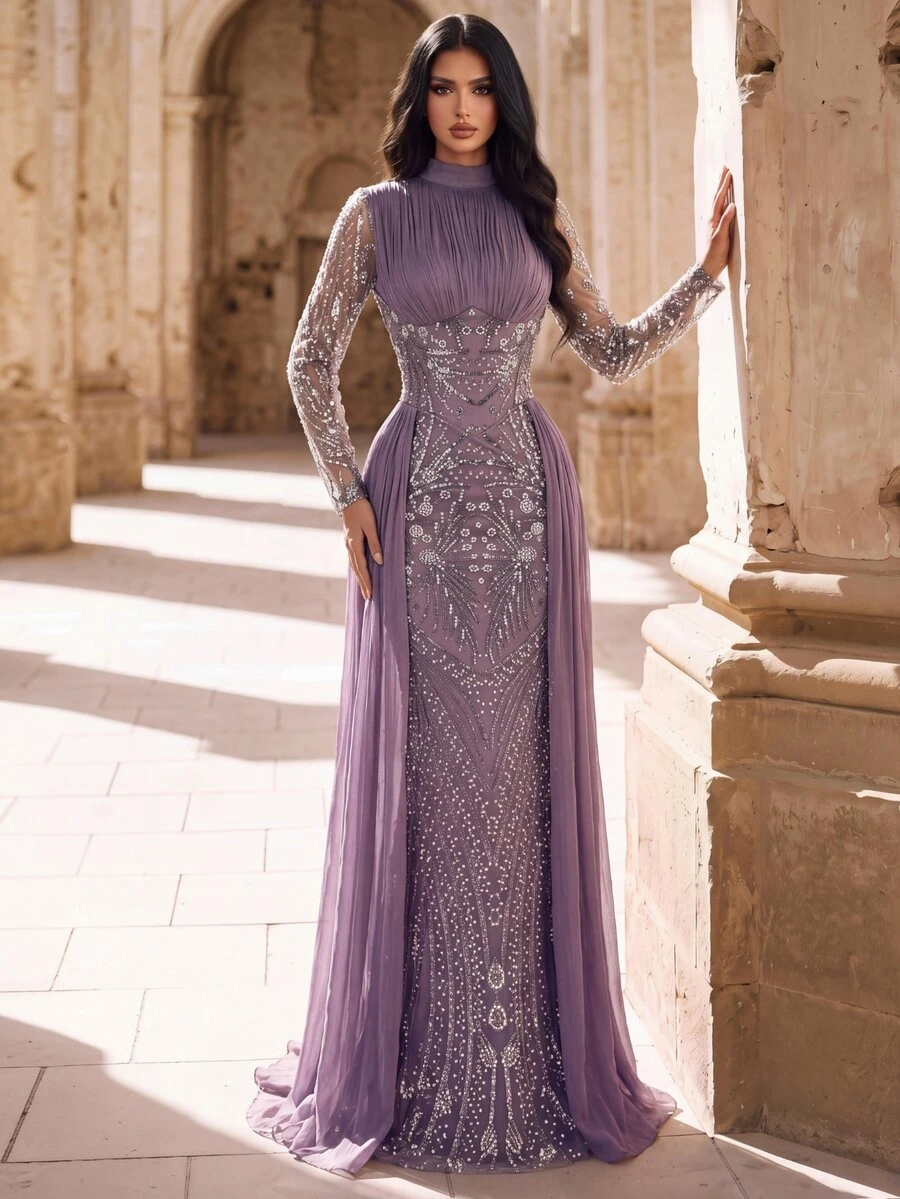 Elovaire High Neck Long Sleeve Cape Shawl Heavy Beaded Full-Embroidered Fitted Mermaid Tail Long Dress - Purple - View 1