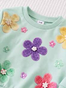 SHEIN 女嬰 3D 花朵秋季衛衣與條紋內搭褲套裝 - 薄荷綠 - 查看 8