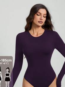 SHEIN Tall Solid Color Long Sleeve Slim Fit Black Bodysuit, Tall Women - Purple - View 8