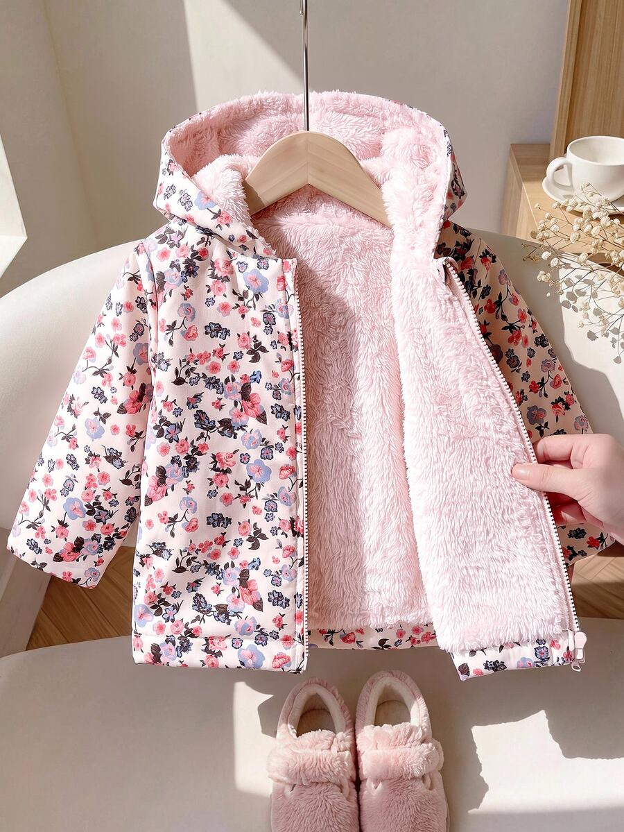 SHEIN Babygirl Cute Autumn/Winter Floral Thermal Lined Versatile Hooded Jacket - Pink - View 1