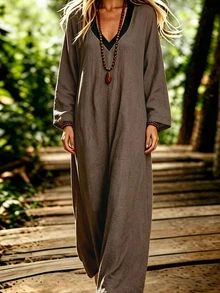 Linhara CURVE Plus Size Casual V-Neck Colorblock Long Sleeve Flare Sleeve Loose A-Line Dress - Khaki - View 5