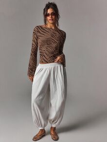 Athîral 女款休閒性感斑馬紋網紗喇叭袖修身上衣，適合夏季、度假夜生活、約會、外出穿搭，Y2K風格，秋季、萬聖節 - 棕色 - 查看 3