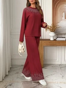 EMERY ROSE Women's Rhinestone Pattern Print Long Sleeve Top And Pants 2 Pieces Set - Red - View 6