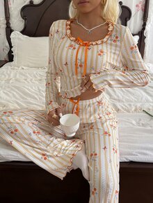 CottageSlumber Women's Striped Floral Print Long Sleeve Top And Pants Casual Daily Home Sleepwear Set - Yellow - View 4