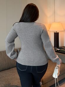 Dazy Plus Korean Style Contrast Lace Deep V-Neck Fitted Casual Sweater For Girls, Autumn/Winter New - Grey - View 2