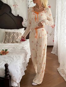 CottageSlumber Women's Striped Floral Print Long Sleeve Top And Pants Casual Daily Home Sleepwear Set - Yellow - View 5