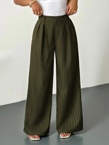 SHEIN PETITE 女款極簡現代海軍藍條紋西裝長褲，高腰寬褲，藍色條紋長褲，大廓形寬腿褲，休閒長褲，商務長褲，適合休閒外出、商務、辦公、通勤、正式場合，條紋長褲，海軍藍長褲，闊腿褲，女款百褶長褲 - 軍綠色 - 查看 5