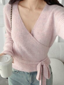 DAZY Women's Cross V-Neck Soft Knit Cardigan Sweater, Pink Casual Sweater - Pink - View 5