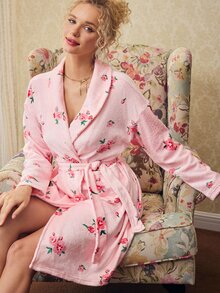 Elorette Women's Plush Floral Print Long Sleeve Robe - Pink - View 7