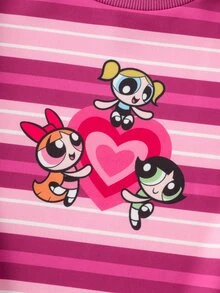 THE POWERPUFF GIRLS X SHEIN Áo nỉ dài tay in họa tiết hoạt hình kẻ sọc cho bé gái tuổi teen - Nhiều màu - Xem 4